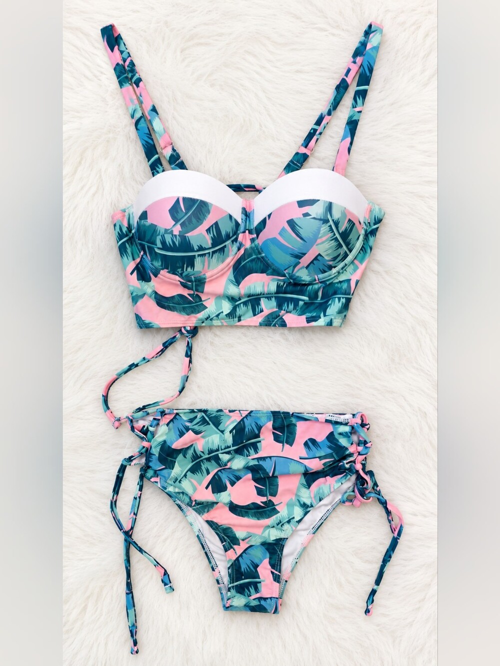 NWOT Tropical Pink & Teal Leaf Bustier Bikini Set Size Small